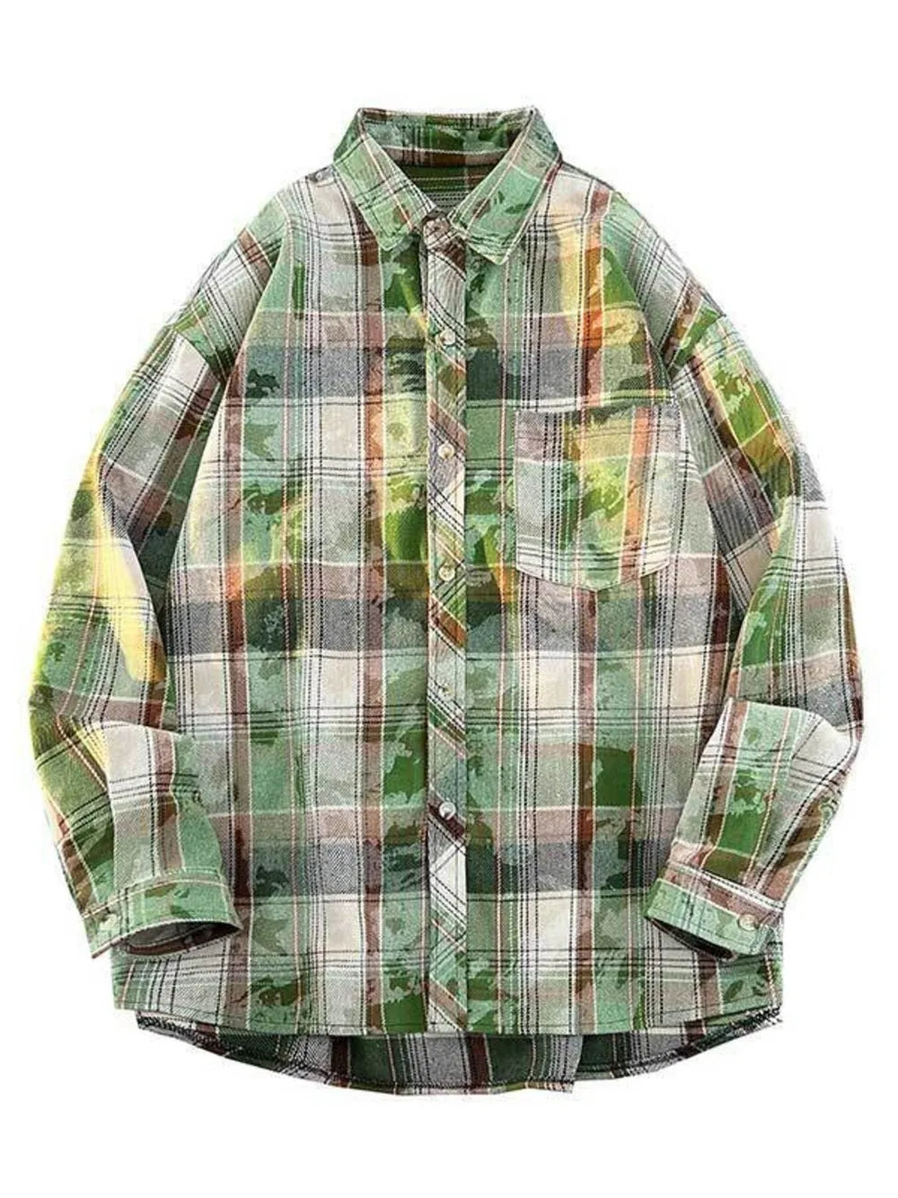 Green plaid long sleeve button-up shirt with a chest pocket.
