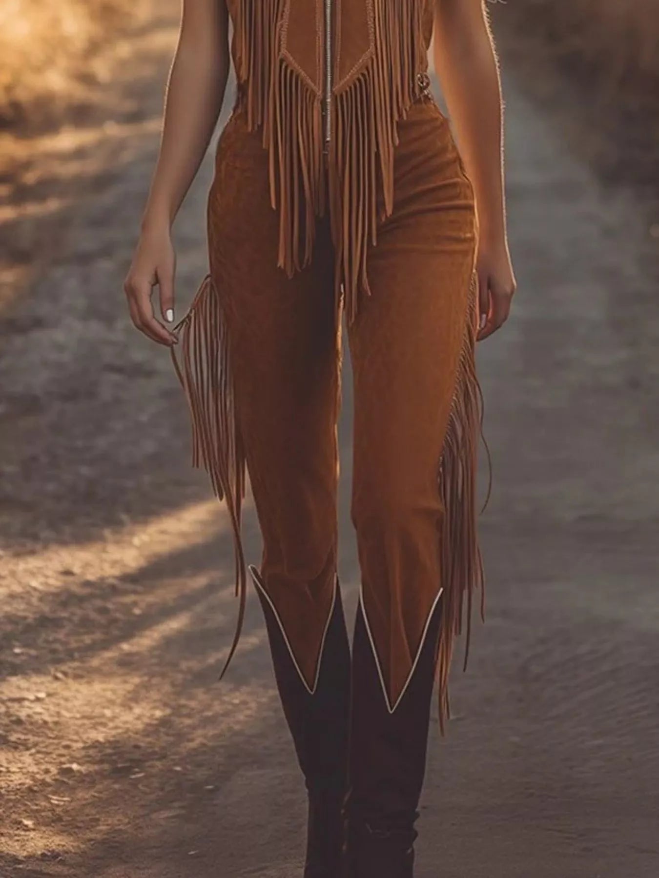Light brown fringe zip front jumpsuit with western style boots