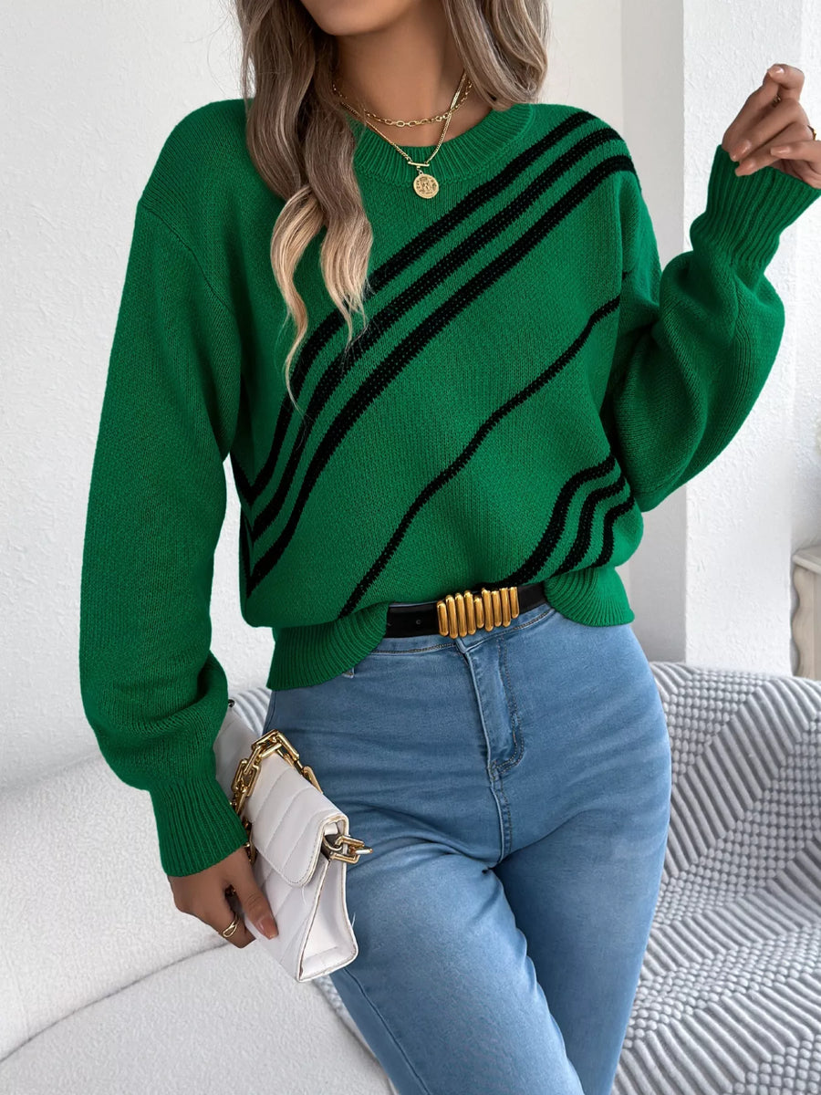 Green acrylic blend sweater with black diagonal stripes and round neck.