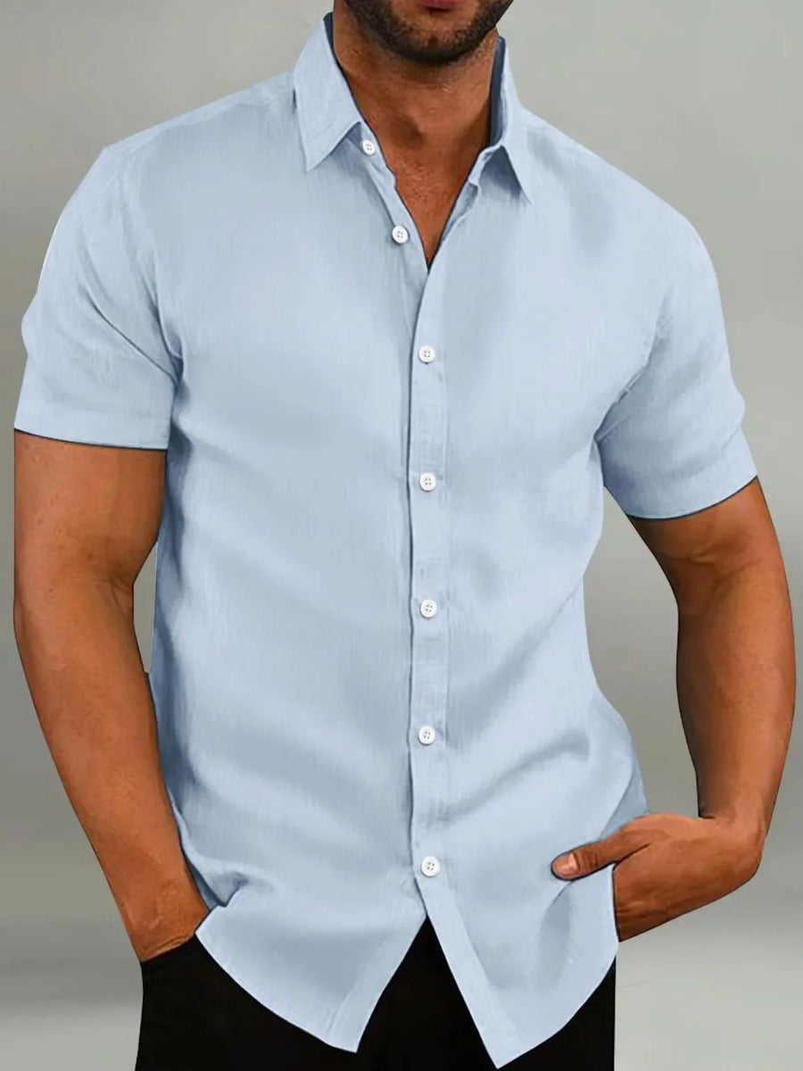 Light blue linen-blend short-sleeve button-down shirt with tailored fit.