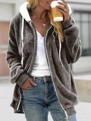Cozy fleece zip-up hooded jacket in dark gray with white drawstring and lining.