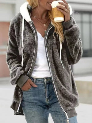Cozy fleece zip-up hooded jacket in dark gray with white drawstring and lining.