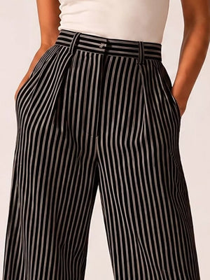 light gray wide-leg pants featuring pleated front and striped
