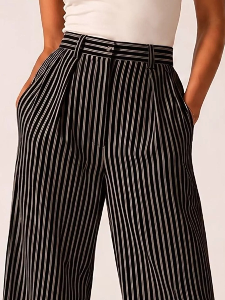 light gray wide-leg pants featuring pleated front and striped