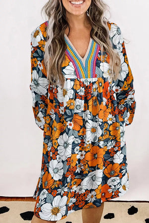 Boho Floral Print V-neck Mini Dress With Pockets option 8