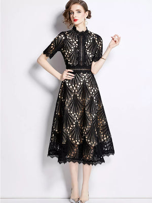 Elegant Black lace midi dress with delicate sleeves and a-line cut.