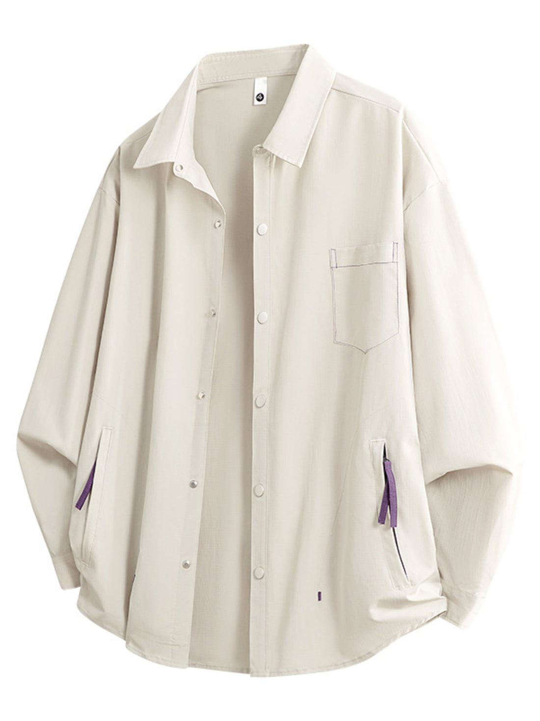 Cream long sleeve button-up shirt with chest pocket and purple accent details