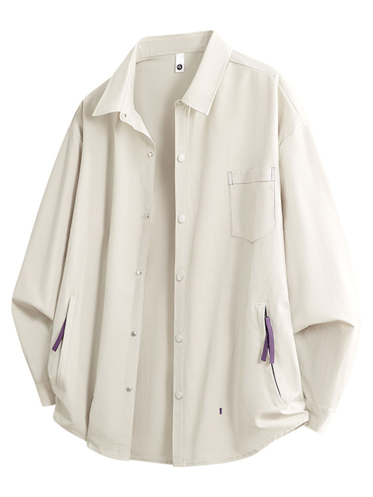 Cream long sleeve button-up shirt with chest pocket and purple accent details