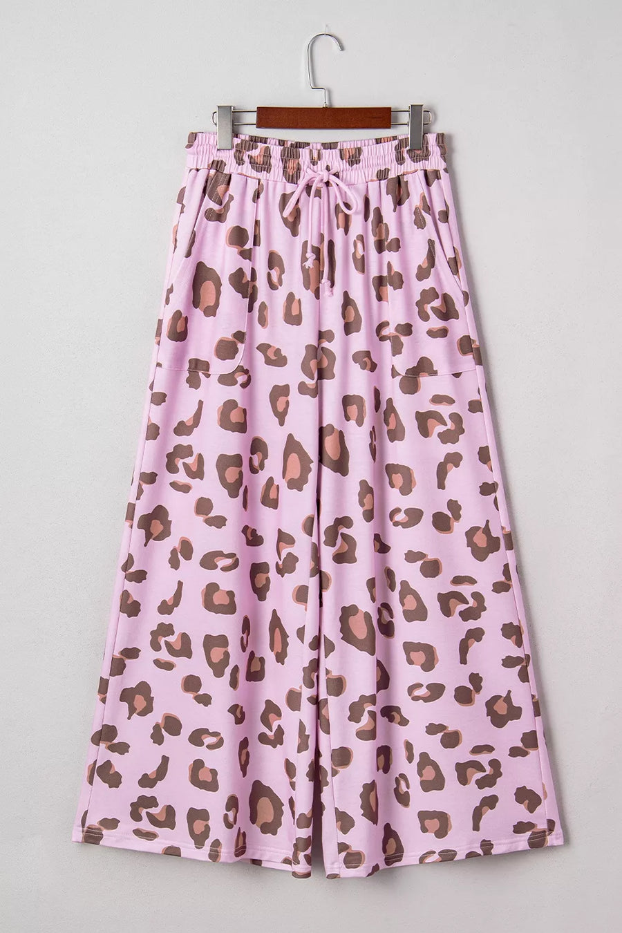 Dusty Pink with Drawstring Leopard Print Patch Pocket Pants