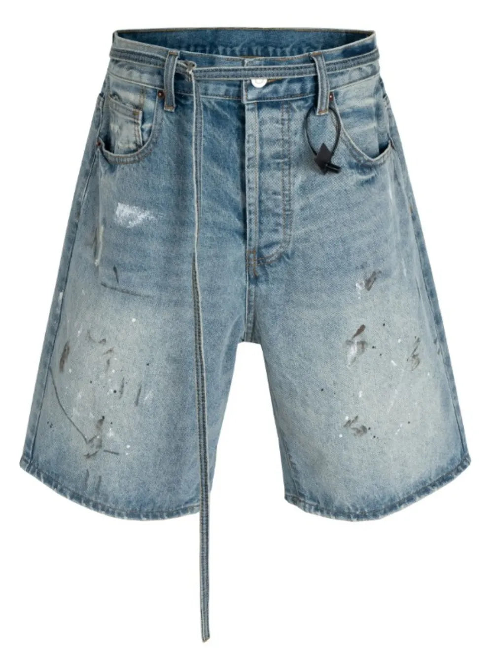 Distressed denim bermuda shorts in medium wash with paint splatters and a tie waist.