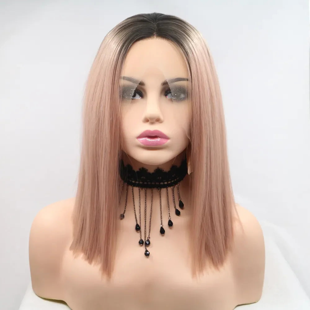 Ombre bob wig in black and pink, straight cut, synthetic hair.