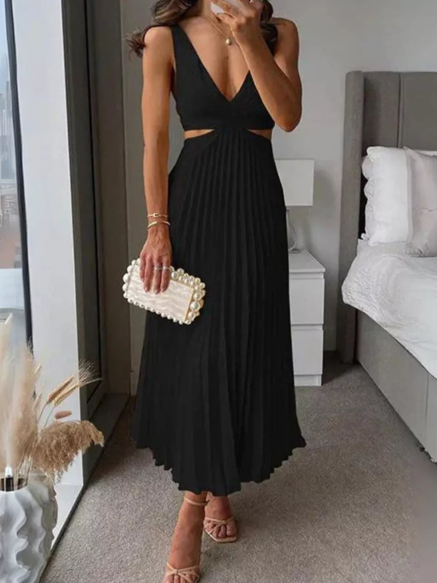 Orange-Red Elegant Pleated Midi Dress With Cut-outs