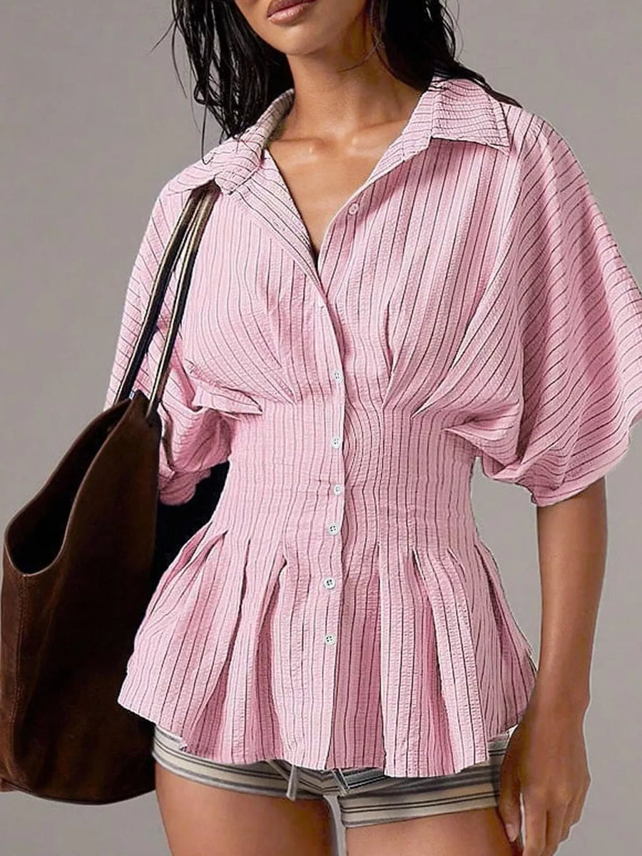 Pink striped cinched waist maternity shirt with button-down front and pleated peplum