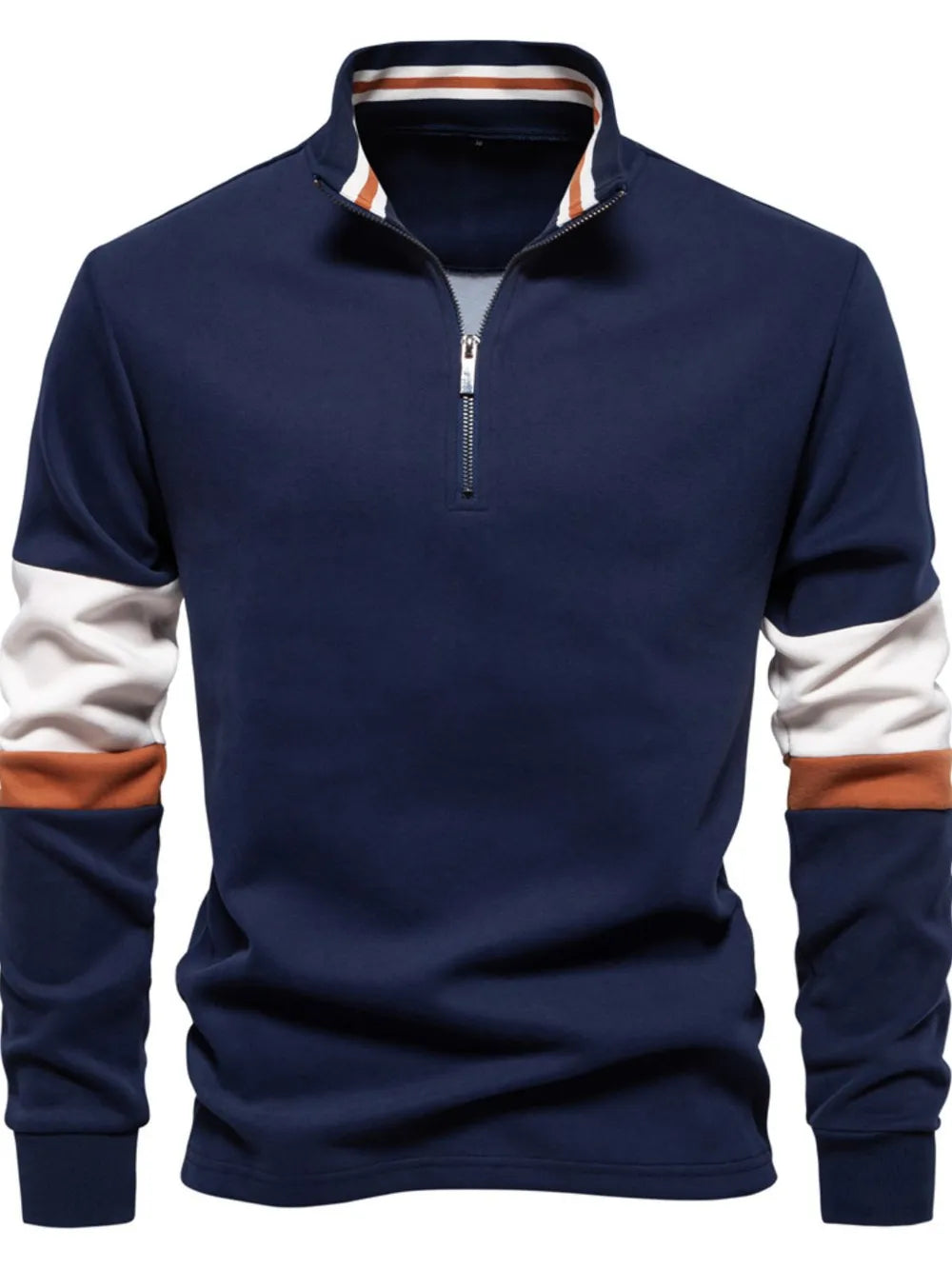 Navy zip-neck sweatshirt with colorblock sleeves and striped collar detail.