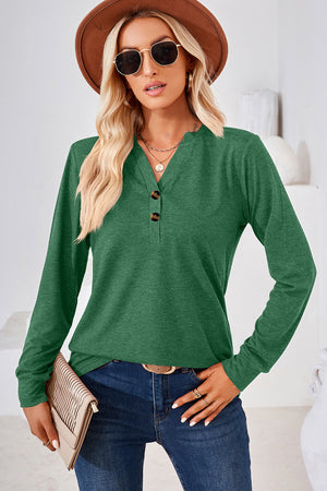 Dark green Henley button-down knit top with a V-neck and long sleeves.