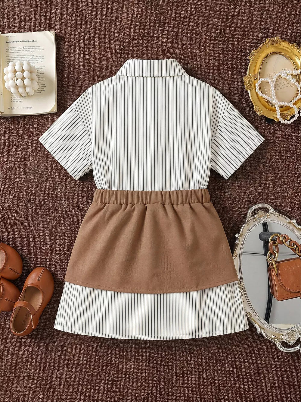 Khaki with Children's Striped Shirt Dress With Belly Band