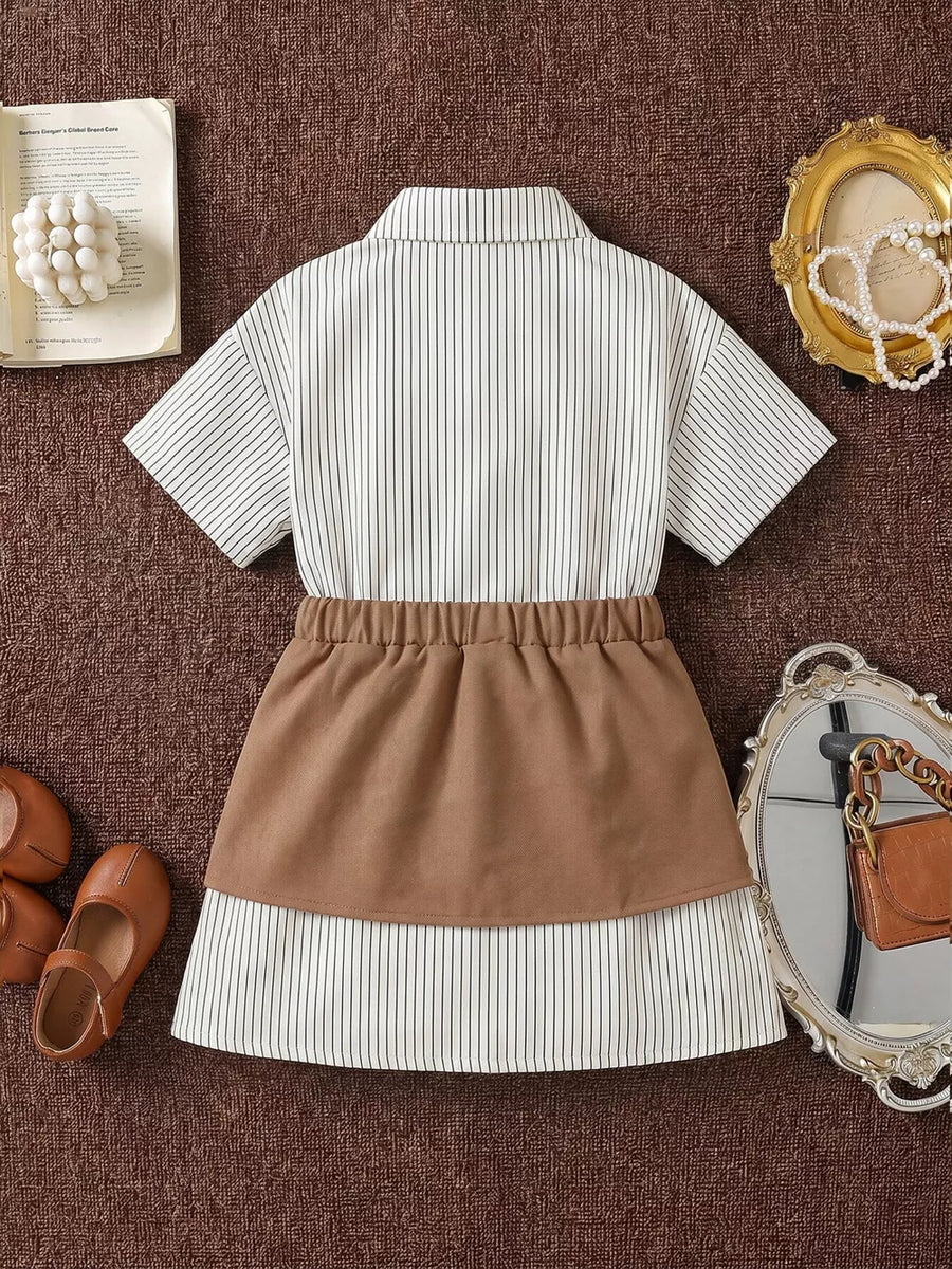 Khaki with Children's Striped Shirt Dress With Belly Band