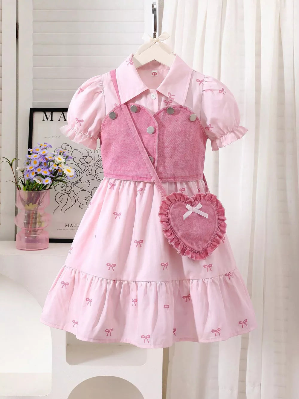 Pink Children's Bow Print Puff Sleeve Dress Set