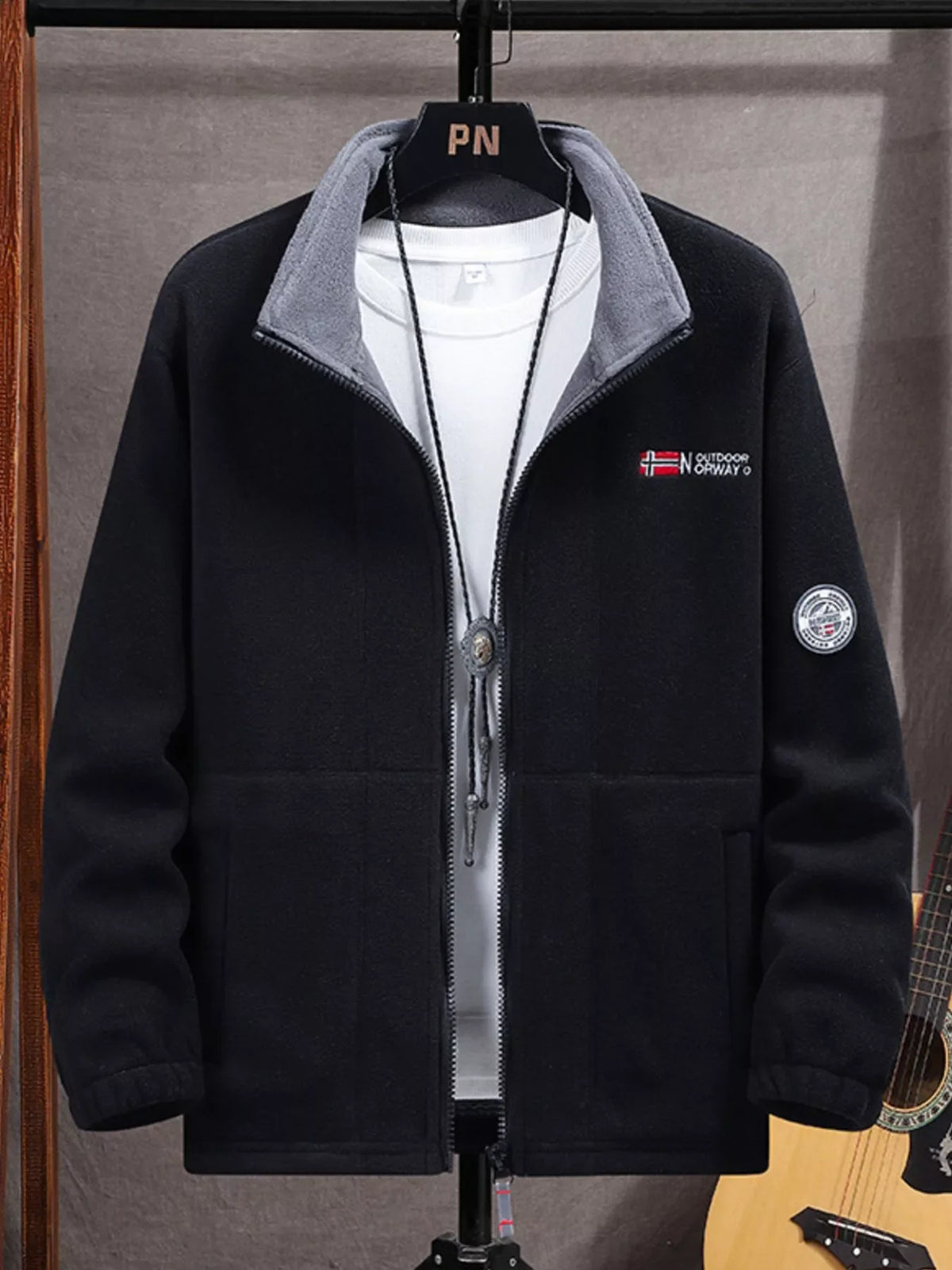 Men's black fleece zip-up jacket with grey collar and Norway embroidery