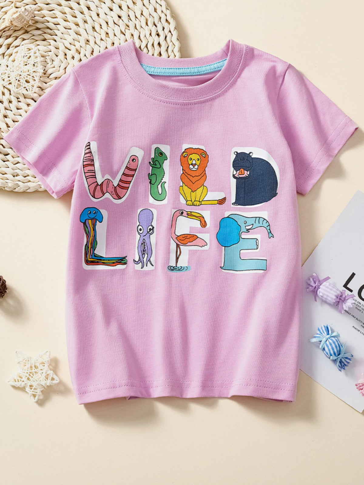 Pink cotton crew neck t-shirt with "WILD LIFE" animal graphic for toddlers