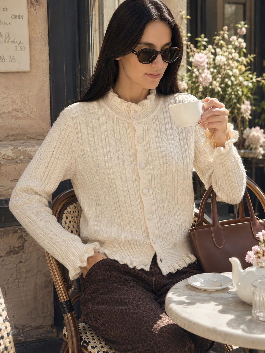 Gray cardigan featuring cable-knit and cable knit
