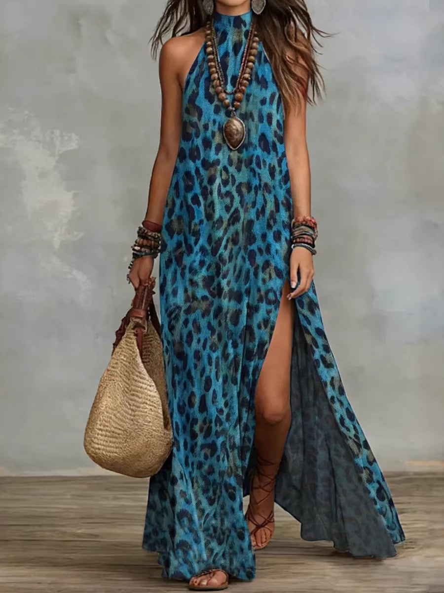 teal blue maxi dress with leopard and halter