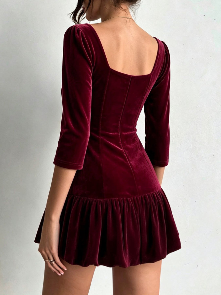 burgundy fitted mini dress with square neck