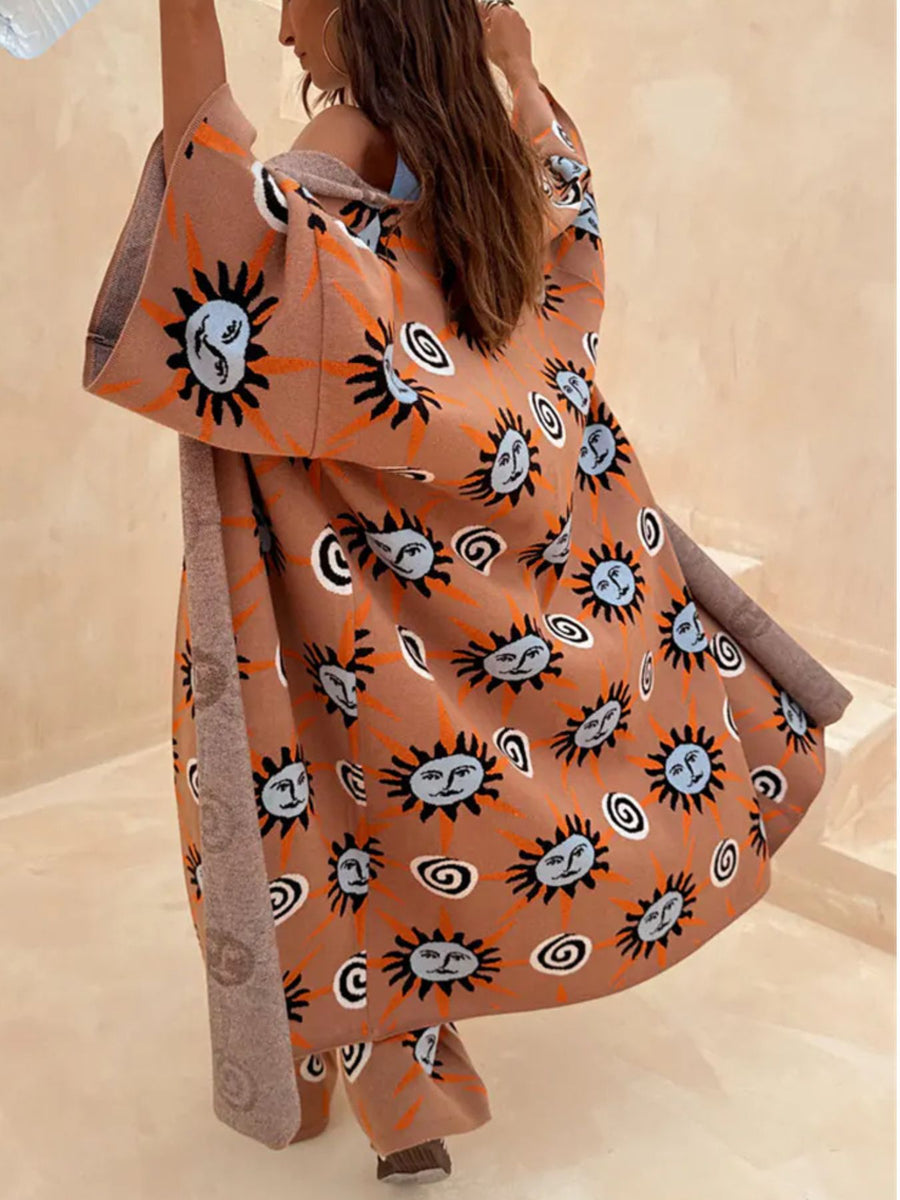 Sun Graphic Sweater Set With Cardigan And Pants in Coat with drawstring waist