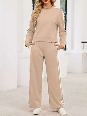 Khaki Striped Round Neck Sweatshirt And Pants Set