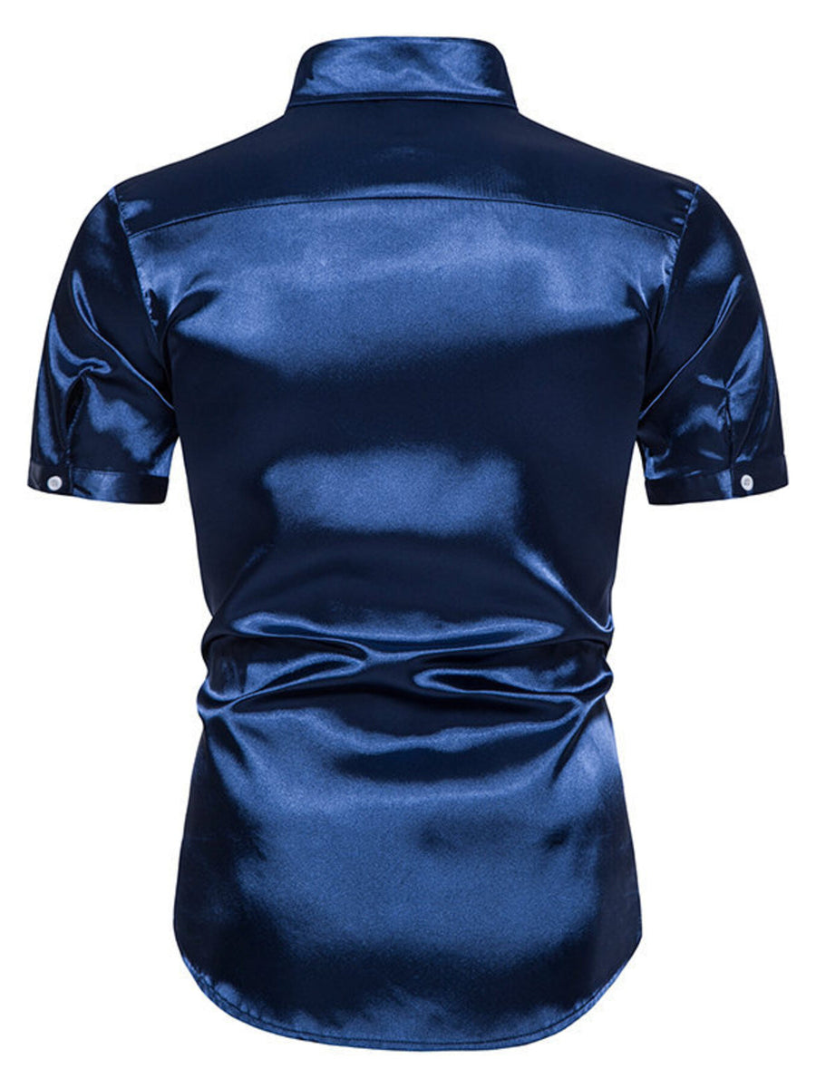 Men's navy satin finish short sleeve button-up shirt with a classic collar.