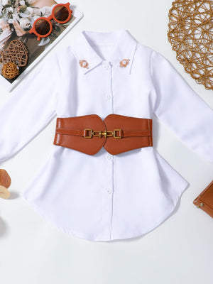 Toddler white button-down shirt dress with long sleeves and a brown belted waist.