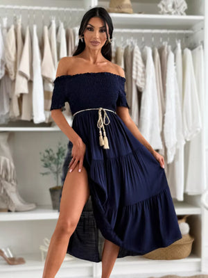 Navy off-shoulder smocked midi dress with tiered skirt and tassel belt