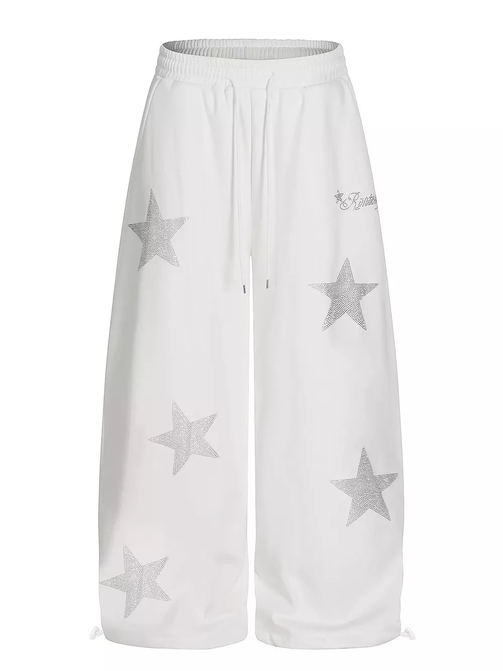 White wide leg sweatpants with all-over silver star embellishments and drawstring waist.