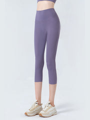 Lavender sculpted crop leggings with mesh detail and a high waistband.
