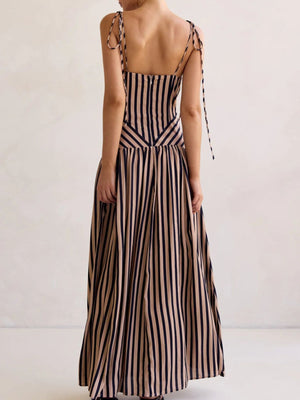 Brown and navy striped maxi dress with tie shoulder straps and V-neck.