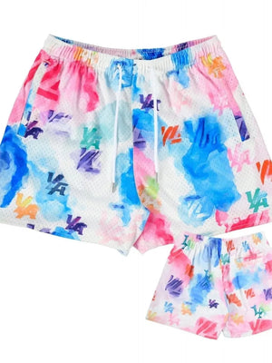 Mesh athletic shorts with multicolor abstract floral print and logo detail