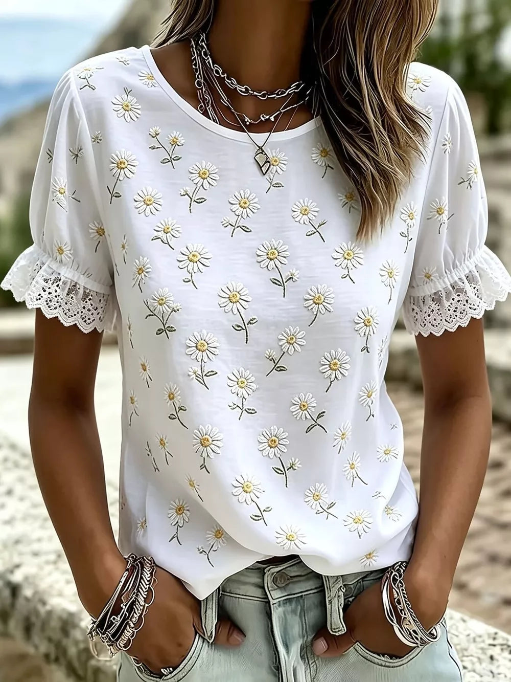 White Plus Size Daisy Lace Puff Sleeve T-shirt