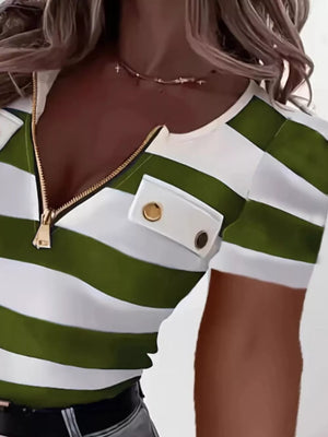 white t-shirt featuring decorative button and striped