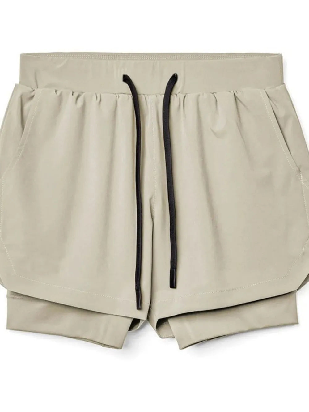 Khaki layered performance shorts with black drawstring and perforated panels