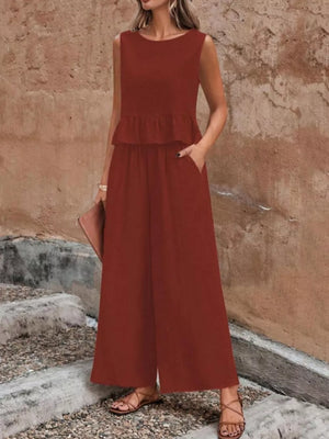 Burgundy ruffled peplum top and wide-leg pants set with pockets.