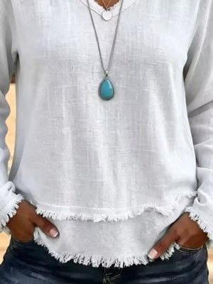 V-neck Frayed Hem Long Sleeve T-shirt in tan