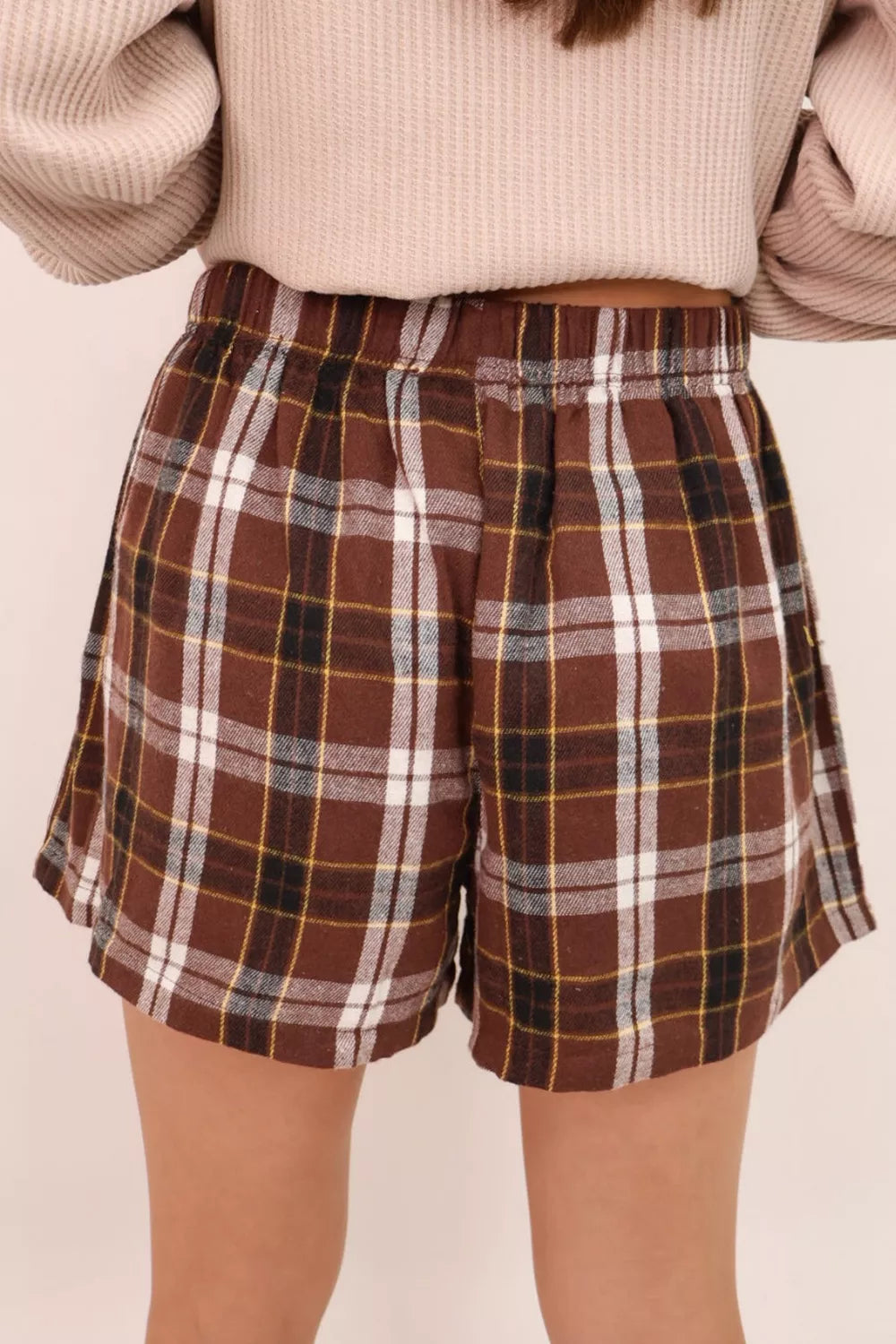 Cozy brown plaid cotton shorts with elastic waist