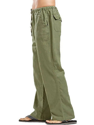 Relaxed fit linen drawstring trousers in Matcha Green with cargo pockets.