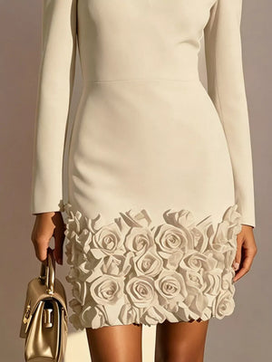 V-neck Mini Dress With Rose Embellishment in Burgundy