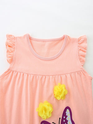 Peach cotton undershirt with ruffle sleeves, floral appliques, and butterfly graphic.