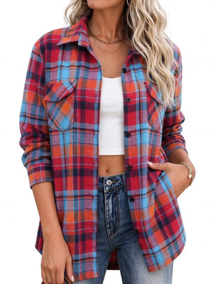 red button-down shirt with plaid and collared