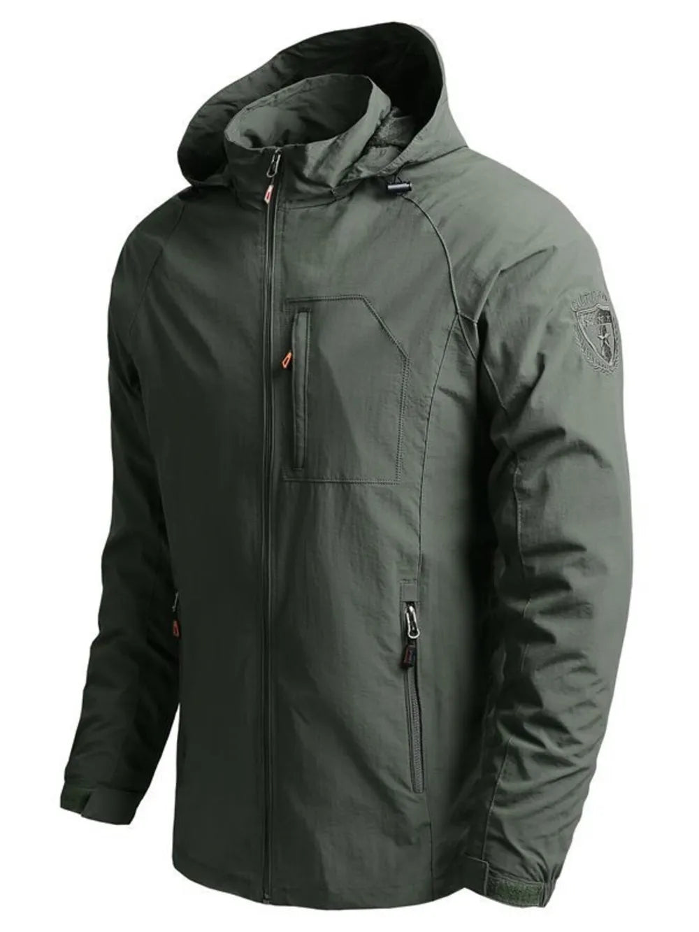 Men's plus size hooded zip jacket in army green with zip pockets and adjustable cuffs.