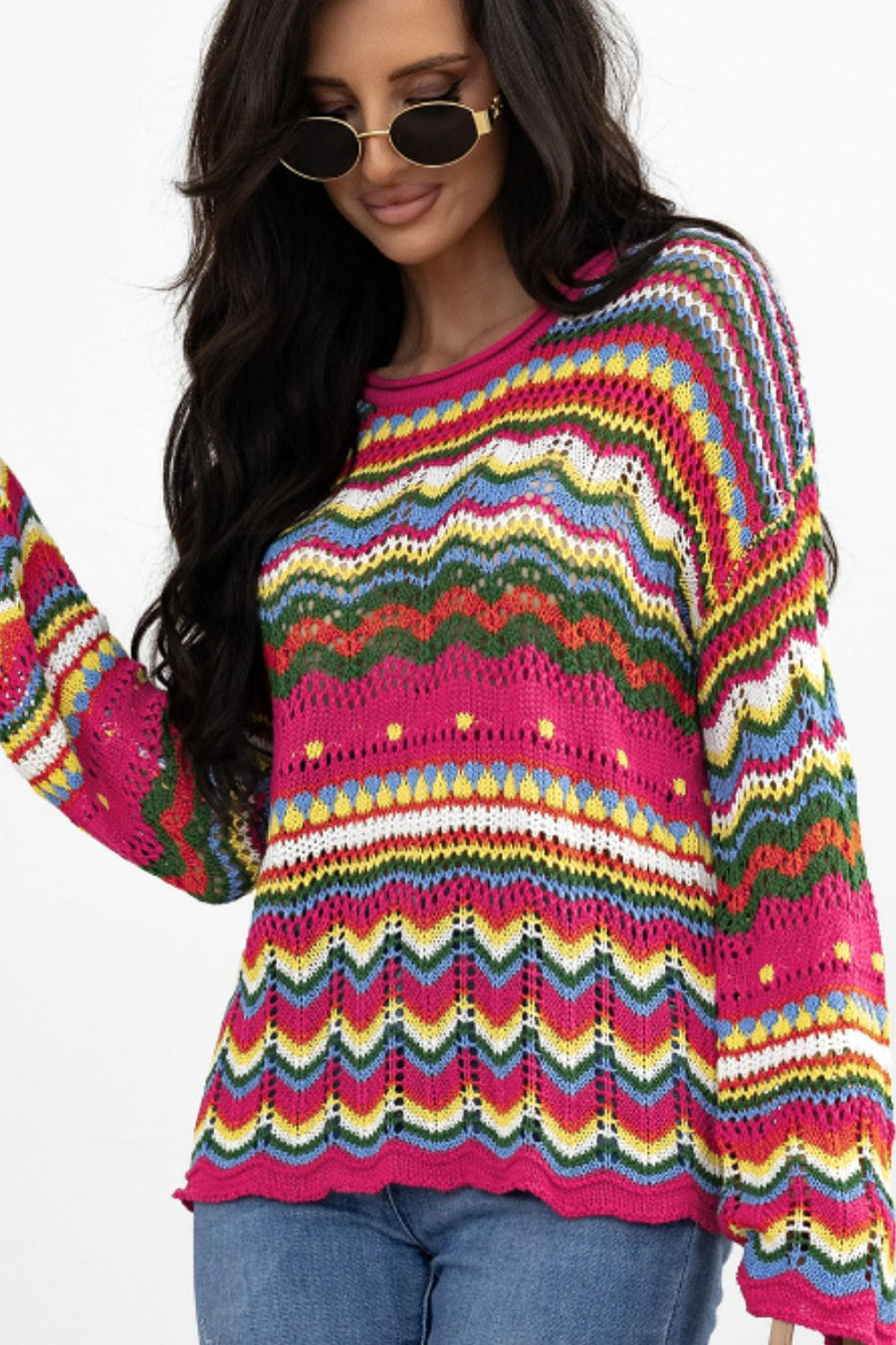 Multicolor crochet wave knit sweater with open knit details and a crew neck.