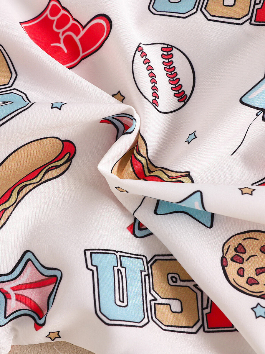 Baby bodysuit with USA print, featuring baseballs, hot dogs, and cookies.