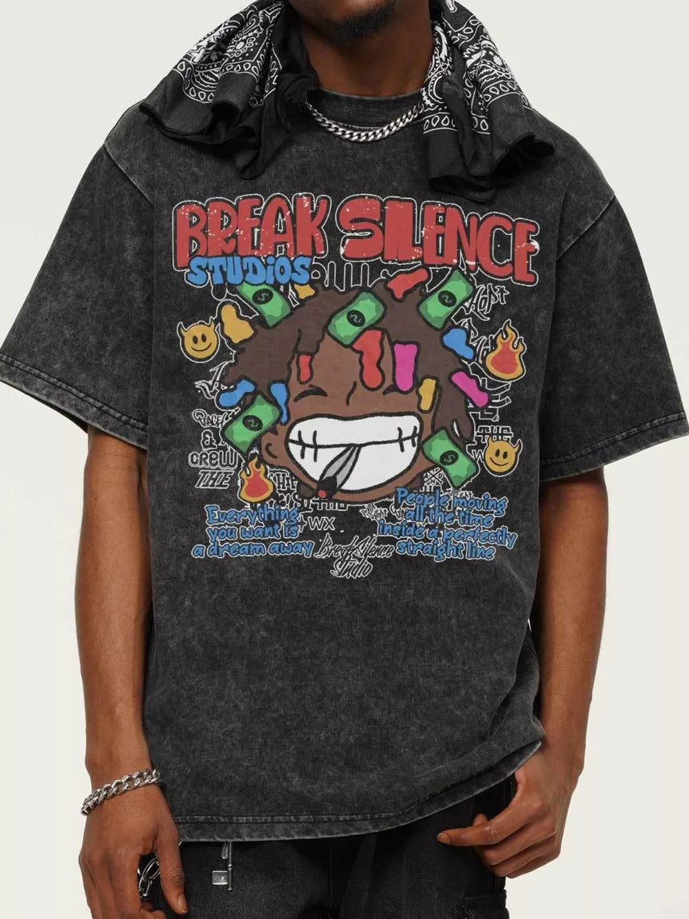 Dark gray graphic tee with bold print and relaxed fit.